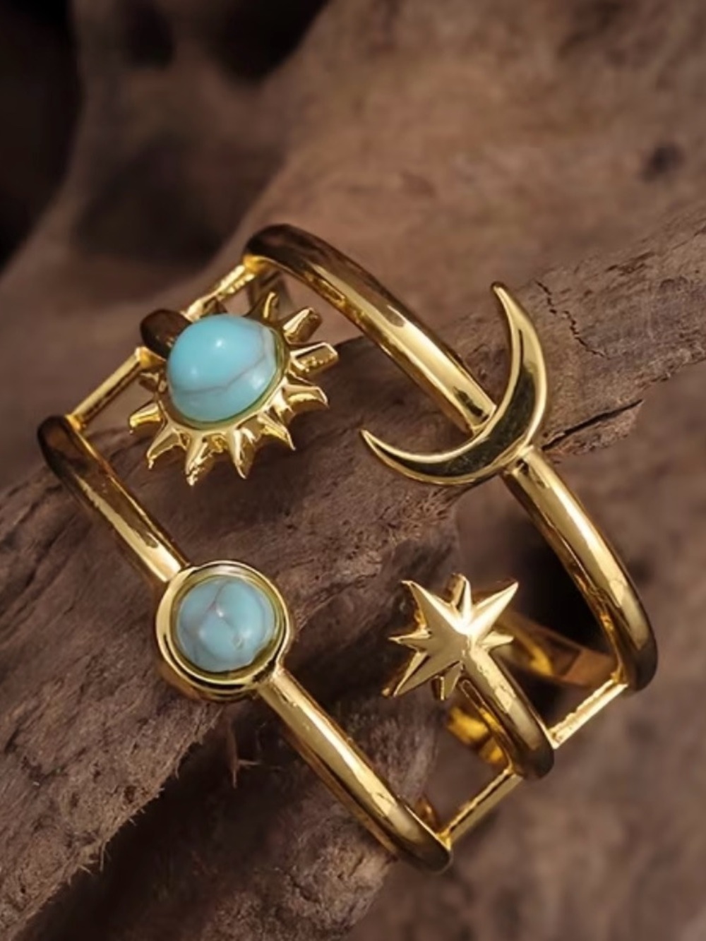 Gold-Tone Turquoise Sun, Moon & Star Open adjustable ring